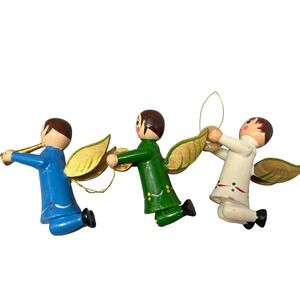 Vintage handpainted Wood‎ Kneeling flying Angel Ornament